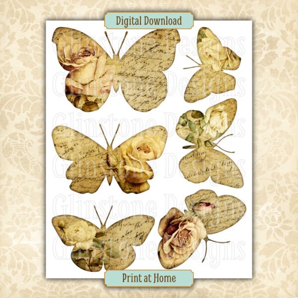 Vintage rose butterflies collage sheet