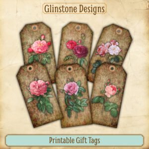 Six vintage roses and damask printable gift tags