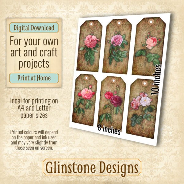 Six vintage roses and damask gift tags details