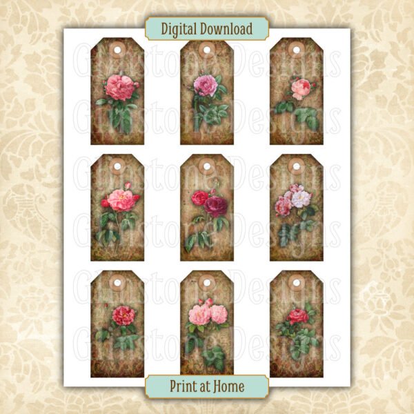 Nine vintage roses and damask gift tags on a page