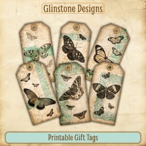 Six vintage sepia butterflies printable gift tags