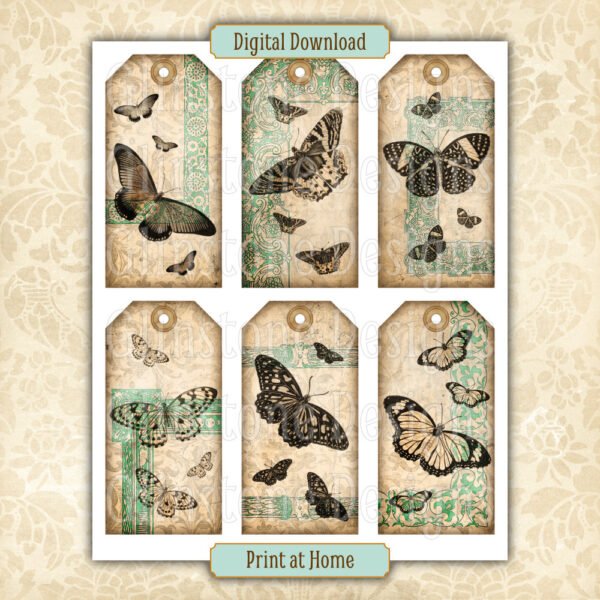 Six vintage sepia butterflies gift tags on a page