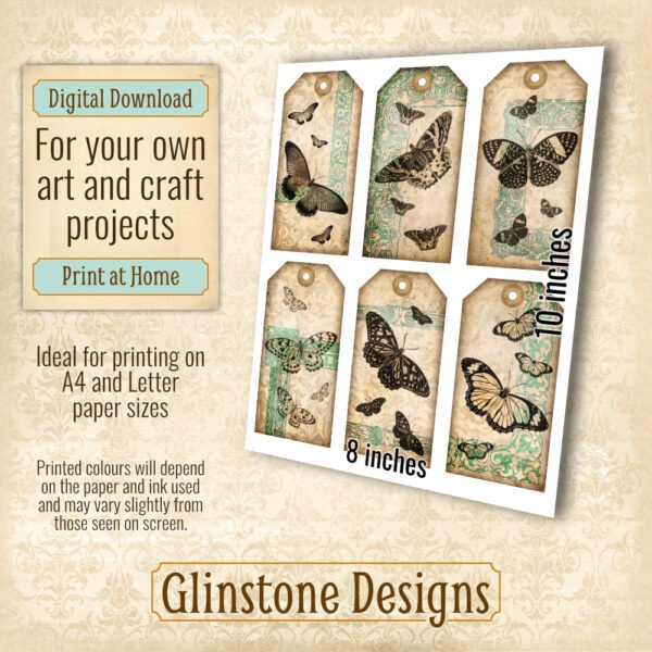 Six vintage sepia butterflies gift tags details