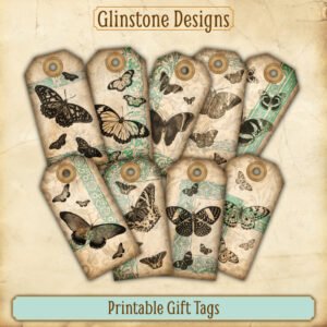 Nine vintage sepia butterflies printable gift tags