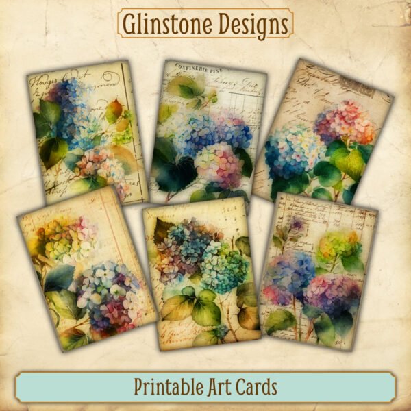 Six vintage-style hydrangeas printable art cards