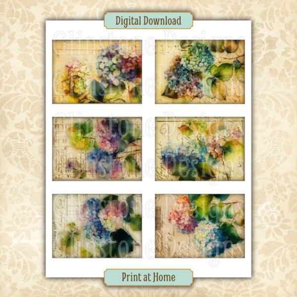 Six vintage-style hydrangeas art cards on a page