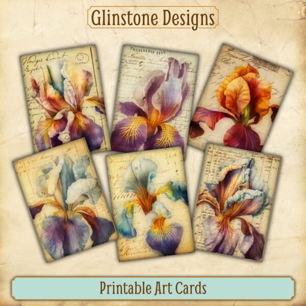 Six vintage-style irises printable art cards