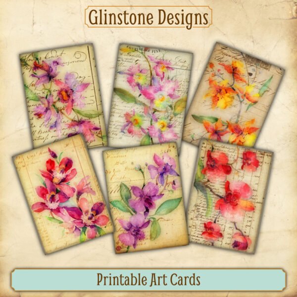 Six vintage-style orchids printable art cards