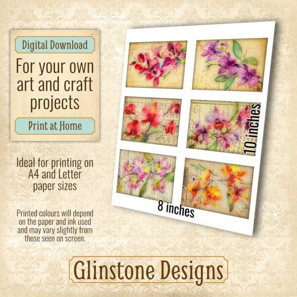 Six vintage-style orchids art cards details