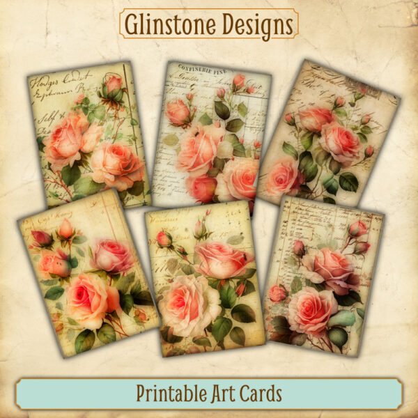 Six vintage-style roses printable art cards