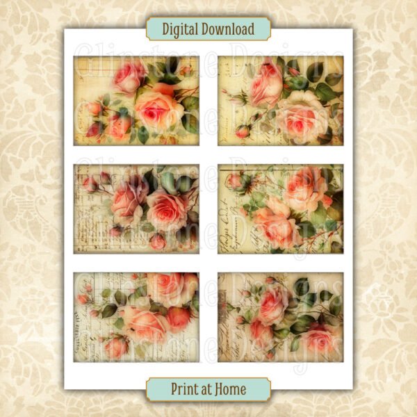 Six vintage-style roses art cards on a page