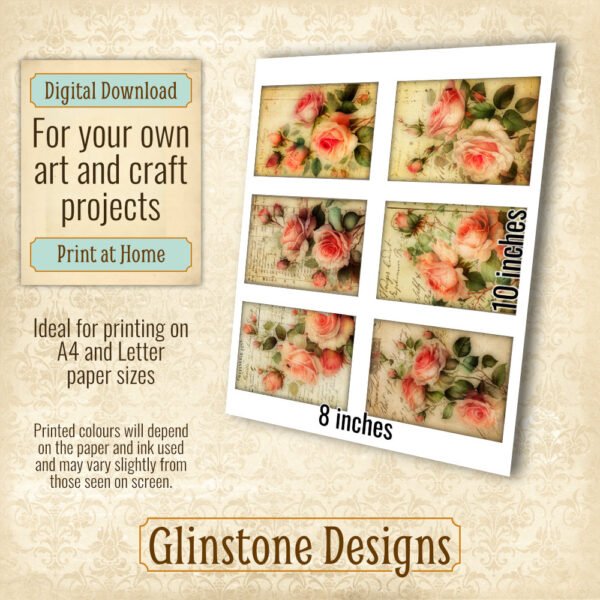 Six vintage-style roses art cards details